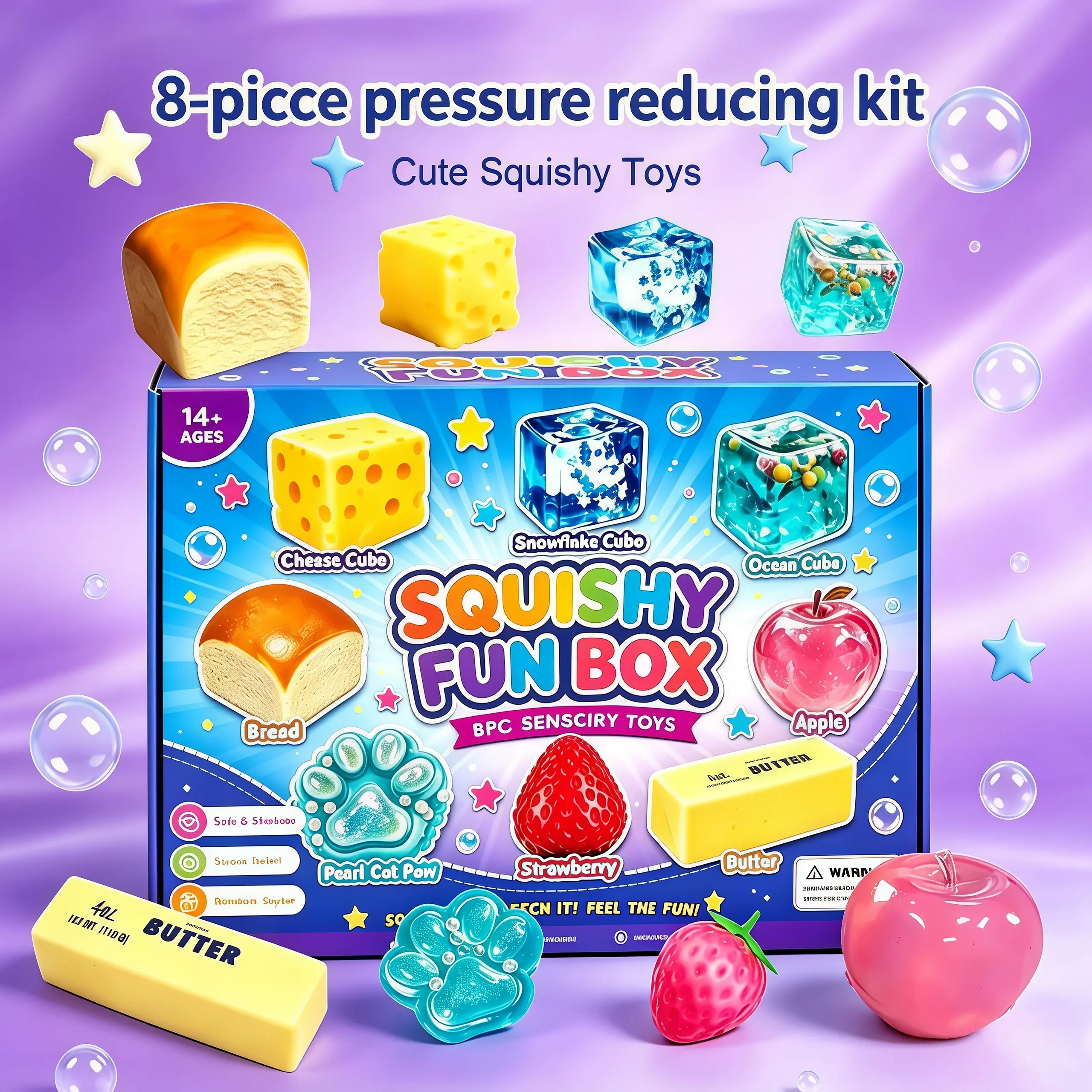 8-Piece Set Malt Sugar Stress Relief Fidget Toys, Malt Sugar Slow-Rebound Fidget, Assorted Sensory Stress Relief Bundle, Perfect Party Favor & Holiday Present