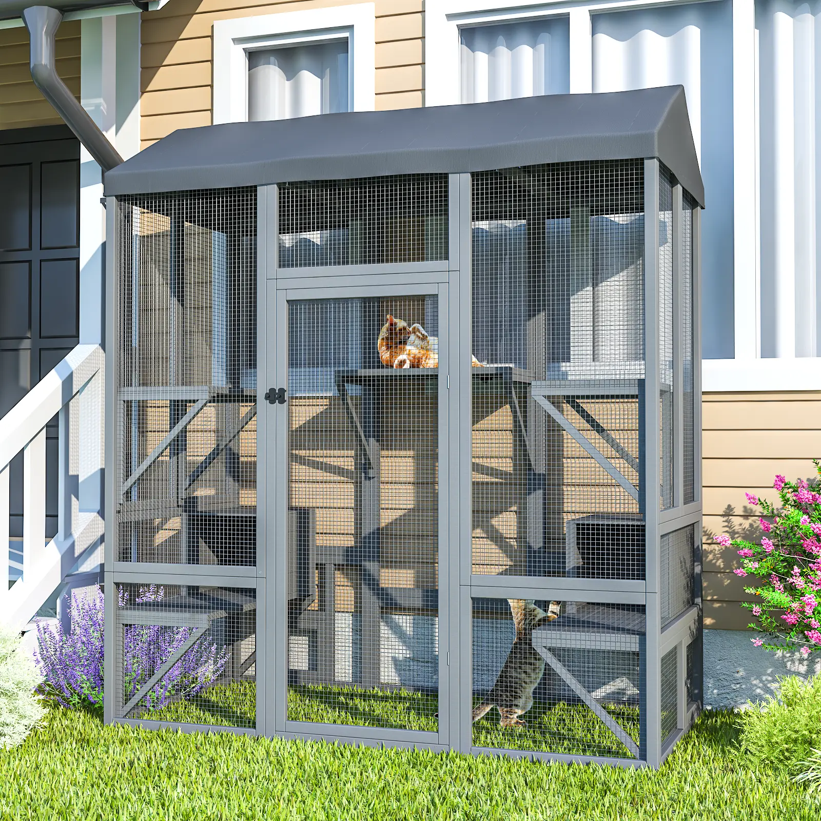 72" Catio Outdoor Cat Enclosure, Walk-in Large Cat Cage, Catio Outdoor Cat Enclosure, Large Cats House for Mulitiple Cats with Waterproof Cover and Sunshine Roof, Feral Pet Cage with 7 Platforms and 2 Resting Box, 72 inch