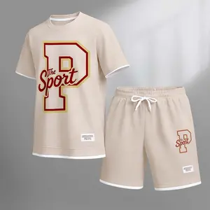 Men's The P Sport Print Drawstring Shorts Set For Spring/Summer. A Casual Summer Outfit, Including A Short-Sleeved Shirt And Shorts, Suitable For Everyday Wear And Sports. A Two-Piece Set For A Relaxed And Energetic Lifestyle.