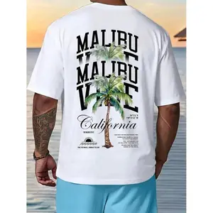 Malibu Vibe California' Malibu Palm Tree California Vacation White Short-Sleeve T-Shirt | Casual Summer Beach Streetwear Top | Premium Cotton Fabric | Bold Tropical West Coast Aesthetic | Trendy Oversized-Fit | Eye-Catching Palm Tree Print | Versatile