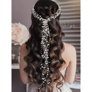 Faux Pearl Decorated Long Tassel Hair Vine, Elegant Bridal Headwear for Wedding Bridal Party Formal Occasions, Fashion Hair Accessories for Women