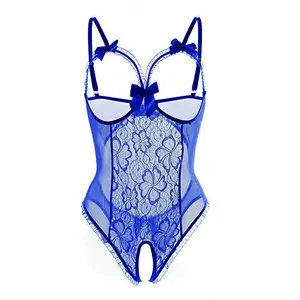 Women's Yonna 2-Piece Lace Lingerie Set - Babydoll Dress, Floral Lace Bodysuit, Sheer Mesh Nightwear with Bow Details, Ribbed Option, Stylable with Jeans for Elegance