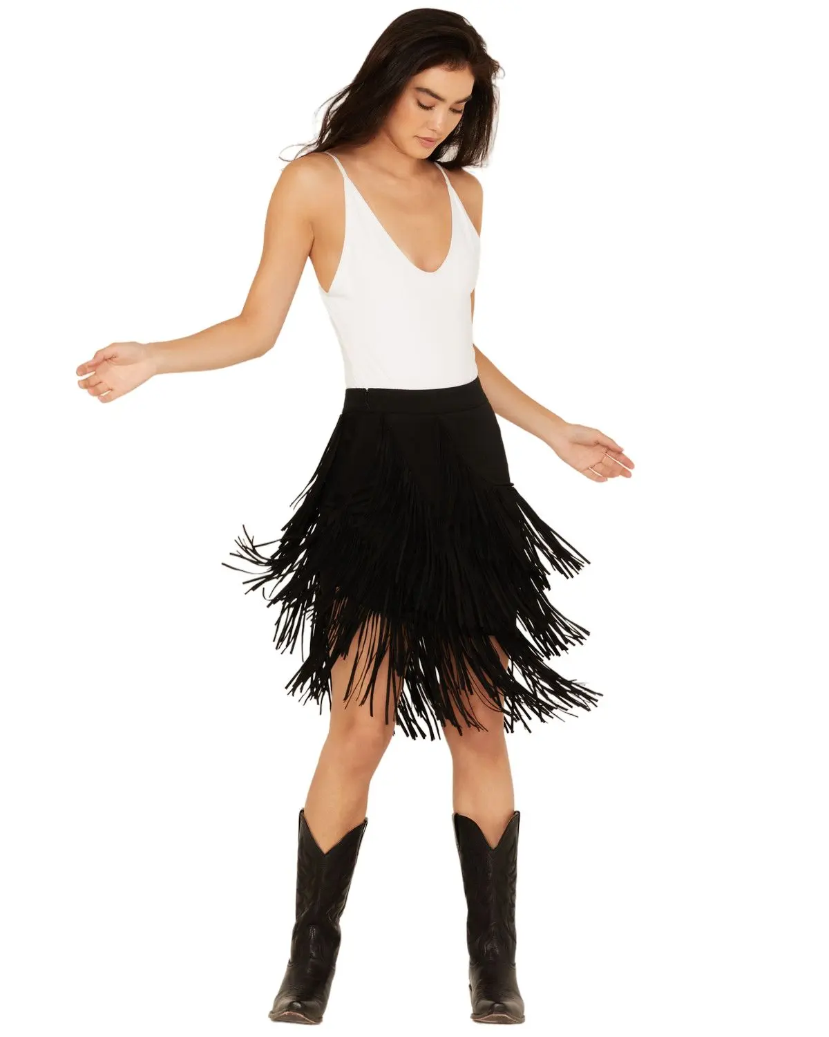 Idyllwind Women's Women'S Tina Asymmetrical Faux Suede Fringe Mini Skirt - Iwho24s93-Blk