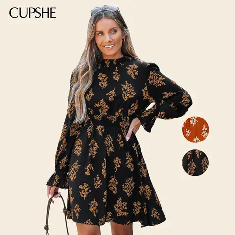 CUPSHE Women's Halloween Traditional Floral Print Short A-Line Dress - Blouson Long Sleeves, High Neck, Smocked Waist, Fall Party Costume, Casual Wear, Boho Clothes for Women, Traditional Floral Print Casual Dresses #outdoorfun