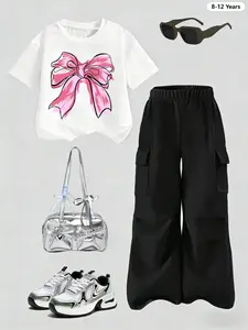 Girls' Summer Bow Print Short Sleeve Workwear Pants Set, 8-12 Years, Breathable Comfort Fabric, Round Neck T-Shirt, Two-Piece Set