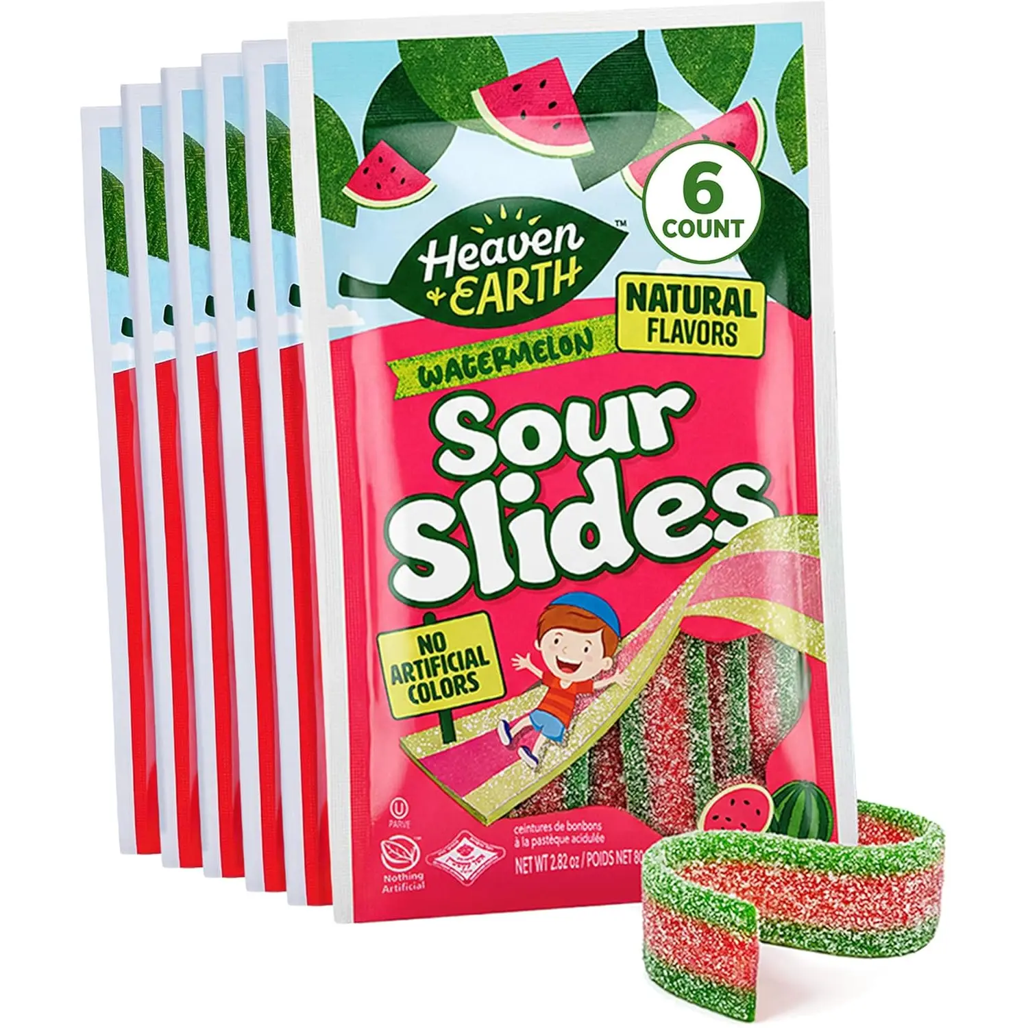 Heaven & Earth Watermelon Sour Slides Candy, 2.8 oz (6 Pack) | Sour Belts | Natural Flavors, No Artificial Colors | Made with Real Fruit Juice | Chewy, Sour Candy Strip