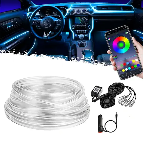 DIBMS 5-in-1 RGB LED car ambient lighting kit supports smart app control and offers a choice of 16 million colors; featuring a 236-inch fiber optic light strip and music-sync functionality,led car ambient light