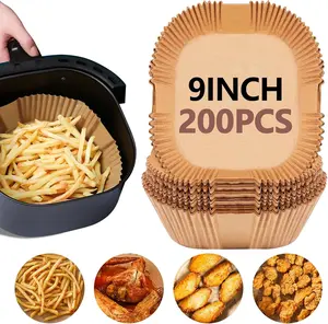 9-Inch Air Fryer Parchment Liners - 200 Pack, Square Non-Stick Disposable Paper Sheets for Microwave & Air Fryers, Unbleached Baking Sheets (8-Inch Base)