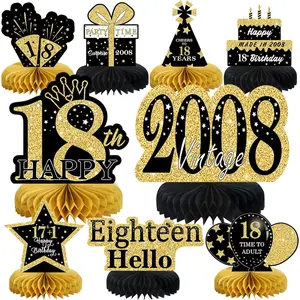 9Pcs Black Gold 18th Birthday Honeycomb Centerpieces Table Toppers for Boys Girls, Happy 18th Birthday Party Decor Supplies, Vintage 2008 Aged Table Sign Decor