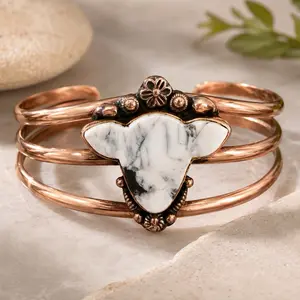 White Buffalo Cow Bull Steer Head Natural Stone Copper Cuff Western Bracelet