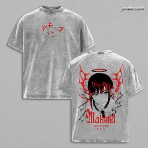 Makima Chainsaw Man Tee – Vintage Washed Oversized Heavy Cotton T-Shirt, Anime Manga Streetwear Top, Unisex Retro Graphic Tee for Fans, Movie Inspired Cosplay Style