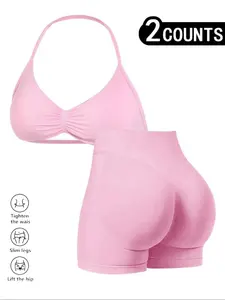 Women's Yoga Fitness Halter Bra Set, High Waist Butt Lifting Shorts, Seamless Breathable Knit Fabric, Stretchy Gym Wear, Sports Activewear Set