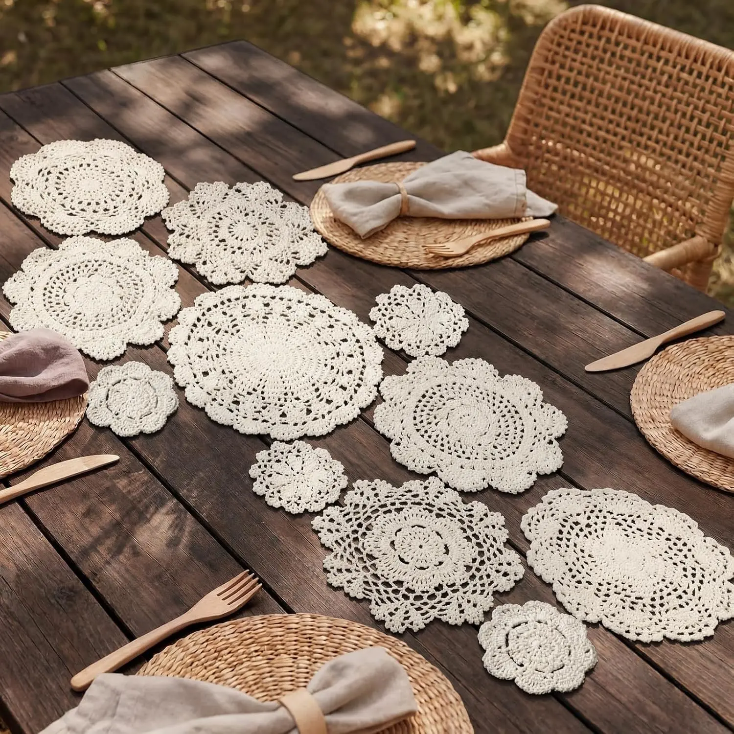 Frienda 11 Pcs Crochet Cotton Lace Doilies for DIY Crochet Table Runner 4 to 10 Inch Vintage Round Handmade French Lace Doily for Table Centerpiece 80s Wedding Bridal Birthday Decor(Beige) Gift