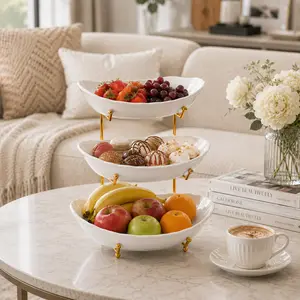 3-Tier Fruit Bowl Set with Metal Stand - Large Countertop Fruit Basket for Kitchen Organization, Storage for Snacks, Nuts, Veggies & More - Shatterproof Food Safe Plastic - Decorative Tiered Organizer