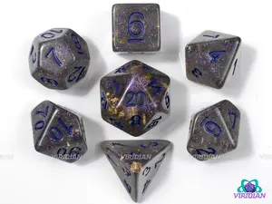 Asteroid Belt | Black-Gray, Deep Purple Ink with Glitter, Gold Foil, Translucent | Resin Dice Set (7)