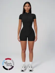 Women's Sporty Half-Zip Mock Neck Shapewear Short Sleeve Shorts Jumpsuit, Workout Jumpsuit, Shaping Jumpsuit, Casual Slim-Fit Below the Knee for All Seasons