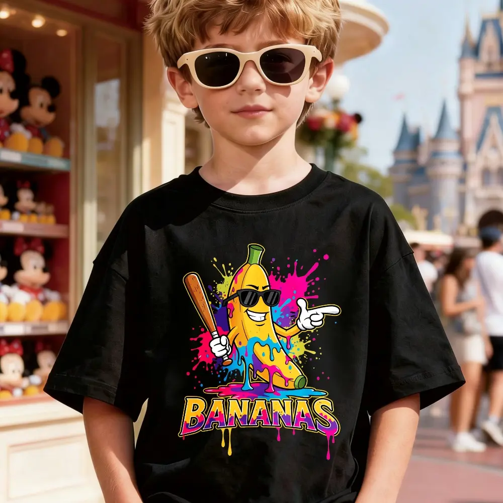 Funny Baseball Banana Splatter Sports Style T-Shirt for Adults and Teens,Boys' Baseball Pattern Shirt, Short Sleeve Round Neck Casual Top,Comfortable & Breathable Material, Casual Street Style T-Shirt,Everyday Outfit