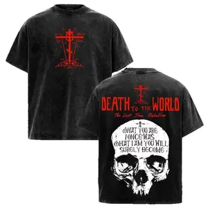 Orthodox Skull “Death to the World” Vintage Washed T-Shirt – Dark Faith Graphic Christian Streetwear Unisex