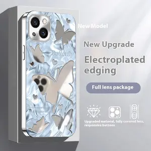 Warrenty Dazzling Blue Hollow Butterfly Case for IP16 Pro Max Full Coverage Shockproof Electroplated Edging Mirror Design Compatible with IP 15 Pro Full Lens Package