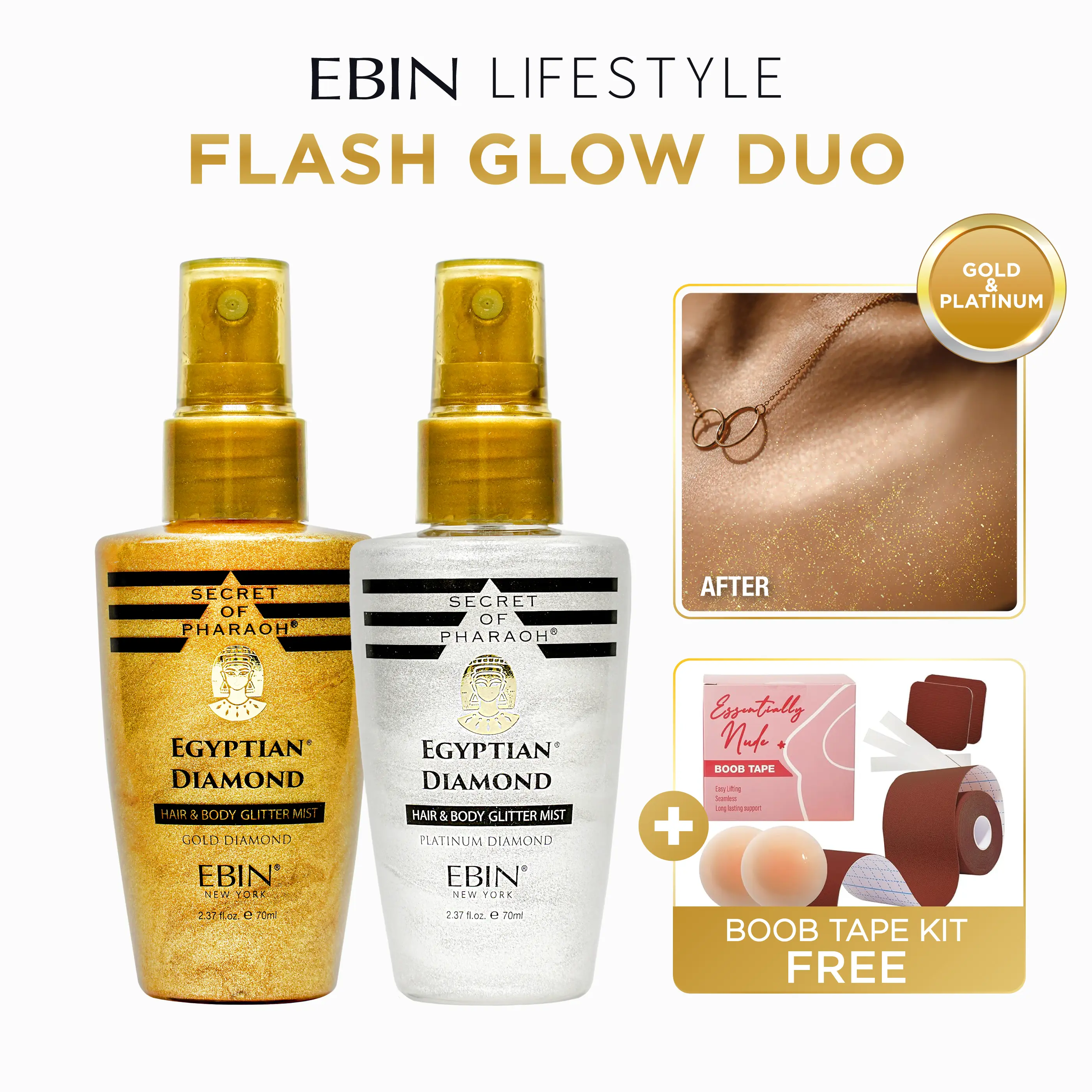EBIN Hair & Body Glitter Mist (Gold/Platinum) + FREE Boob Tape | Flash-Ready Glow, Lightweight Shimmer, Radiant Finish