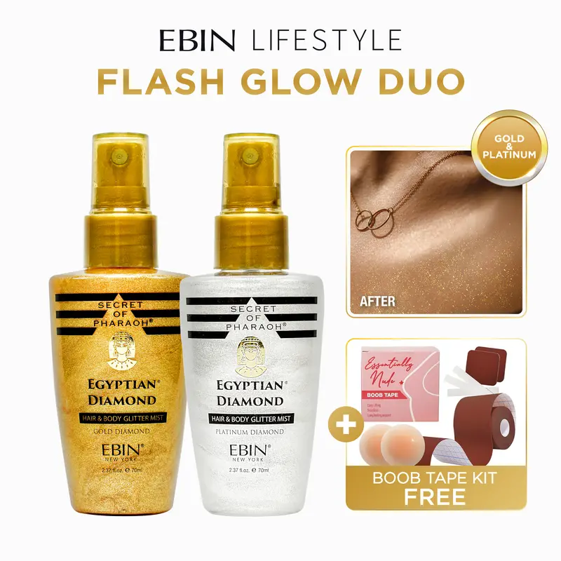 EBIN LIFESTYLE Vegan Cruelty-Free Hair & Body Glitter Mist Spray, Lightweight Shimmer with Panthenol, Bambusa Vulgaris Extract, Contains Alcohol, Gold/Platinum Party Prep Duo with Free Boob Tape, Long-Lasting Radiant Glow Cosmetic
