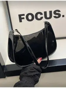 Minimalist Solid Color Crescent Zipper Crossbody Bag Fashionable Synthetic Leather Shoulder Purse for Women Girls