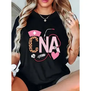 Women’s Black CNA Nurse T-Shirt with Leopard Print, Pink Gingham, Nurse Cap, Stethoscope, Syringe & Heart Graphic | Casual Workwear for Certified Nursing Assistants, Nursing Appreciation, Daily Wear