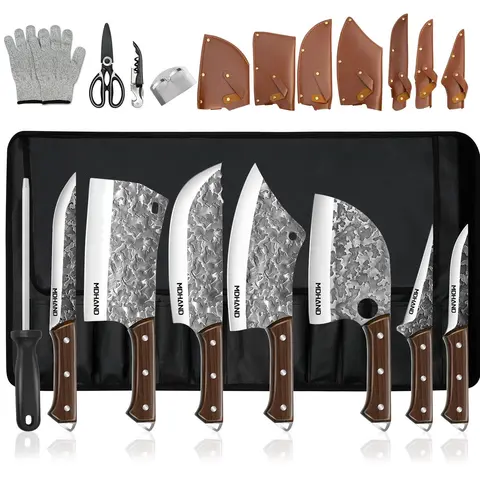 【Black Friday】14pcs Set-a Non-Stick High Carbon Stainless Steel Kitchen Knives Set with Bottle Opener, Ergonomic Handles, Finger Guards - Sharp for Meat Cutting, Ideal Kitchenware for Women’s Cooking (Includes Sharpening Note), Moire/Stripes
