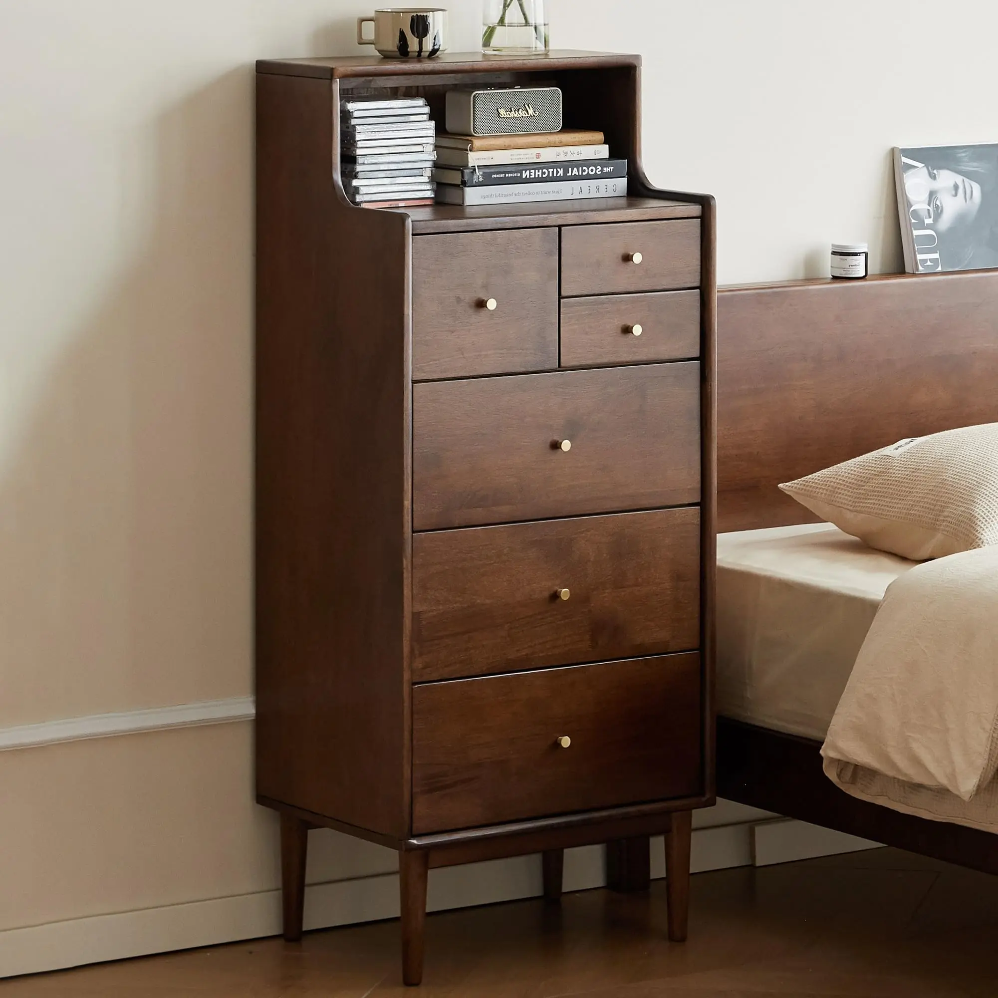 Wayshome Solid Wood Nightstand, Mid Century Modern 6 Drawer Walnut Side Table with Open Shelve, Tall Nightstand for Small Spaces, Living Room, Bedroom, Hallway