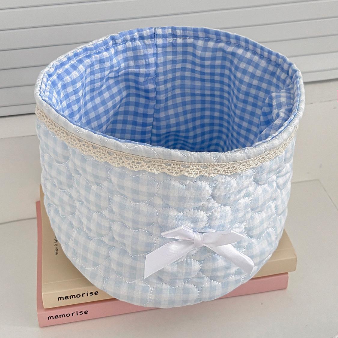 Round storage basket with bow heart patchwork design, plaid lining fabric storage basket, girly desktop organizer