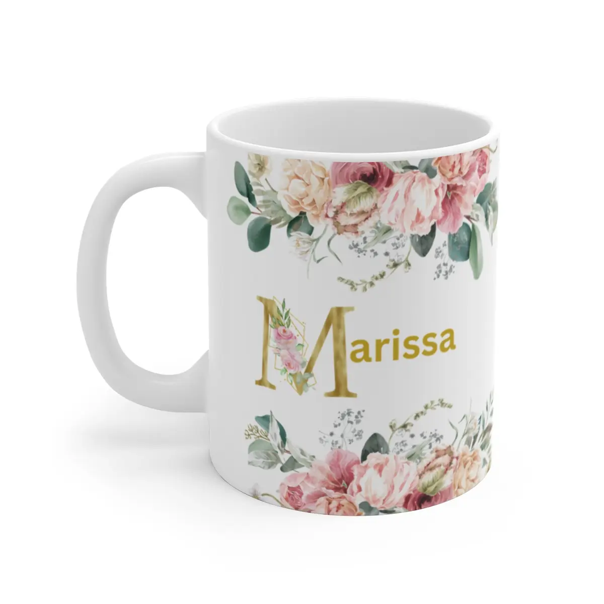 Personalized Floral Name Coffee Mug, Custom Watercolor Ceramic Cup, 11oz Drinkware Tumbler Reusable Washable Reuse Drink