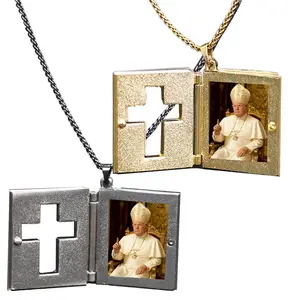 Gold-Plated Hollow Cross Talking Necklace with 24in Chain, Waterproof Amulet with Openable Holy Bible Metal Page, Replaceable Family/Lover Photo Insert, Christian Party Gift for Religious Anniversaries, 24 Inch Chain