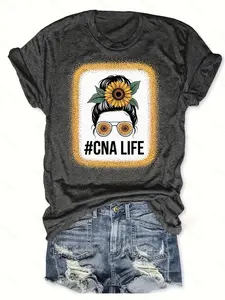 Gray CNA Life T-Shirt, Messy Bun Sunflower Graphic, Healthcare Apparel, Casual Short Sleeve Top, Women's Shirt, CNA Gift, Comfortable Fit, Trendy Style