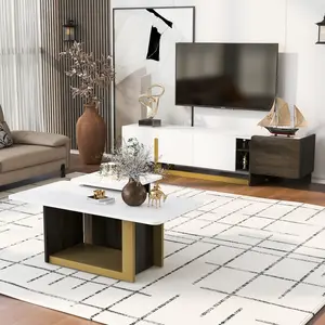 Modern Light Luxury 2-Piece TV Stand and Coffee Table Set, Wood TV Console with Spacious Top, Storage Cabinet & Open Adjustable Shelves, Furniture for Living Room, Coffee Tables, Furniture Living Room