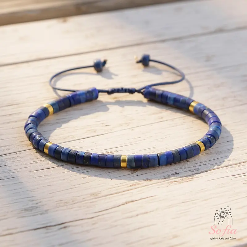 Sofia Natural Blue Lapis Lazuli Beaded Bracelet - Handmade Boho Minimalist Adjustable Dainty Bangle for 6 ~ 7.5 Inches Wrist, Unisex Accessories for Minimalist Lovers, Versatile Natural Crystal Jewelry, Charming