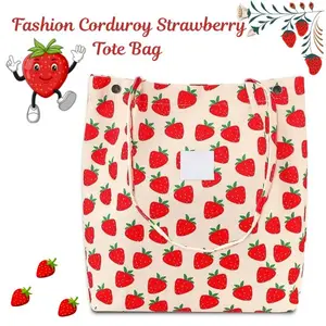 CHRISTMAS GIFT Strawberry Print Corduroy Tote Bag for Women & Teen Girls – Cute Shoulder Purse with Inner Pocket, Aesthetic Reusable Handbag for School, Travel & Everyday Use