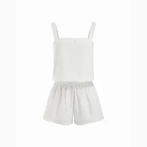 Cider Cotton Square Neckline Lace Trim Drawstring Micro Romper