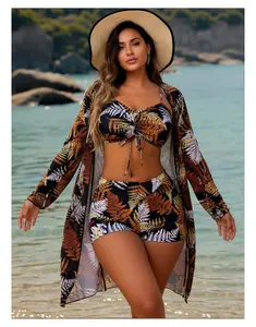 Tropical Leaf Swimsuit Set 3-Piece - Women's Bathing Suit with Sheer Cover-Up - Floral Swimwear for Vacation, Beach, Pool - Adjustable Straps, Stylish Print