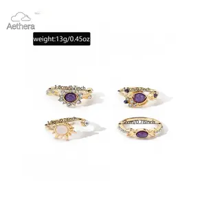 Aethera 4-Piece Stylish Starry Sky Sun & Moon Ring Set with Opal & Amethyst Gemstones Open Adjustable Gold/Silver Plated Stackable Jewelry for Women's Daily Wear Perfect Gift for Girlfriends Valentine's Day