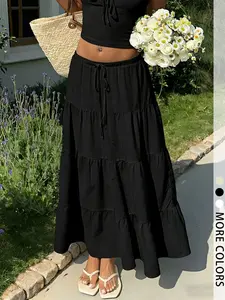 Women's Solid Color Tiered Long Skirt, Y2K Casual Style, Solid Color Drawstring Adjustable Draped Skirt, Suitable For Summer Beach Vacation Streetwear