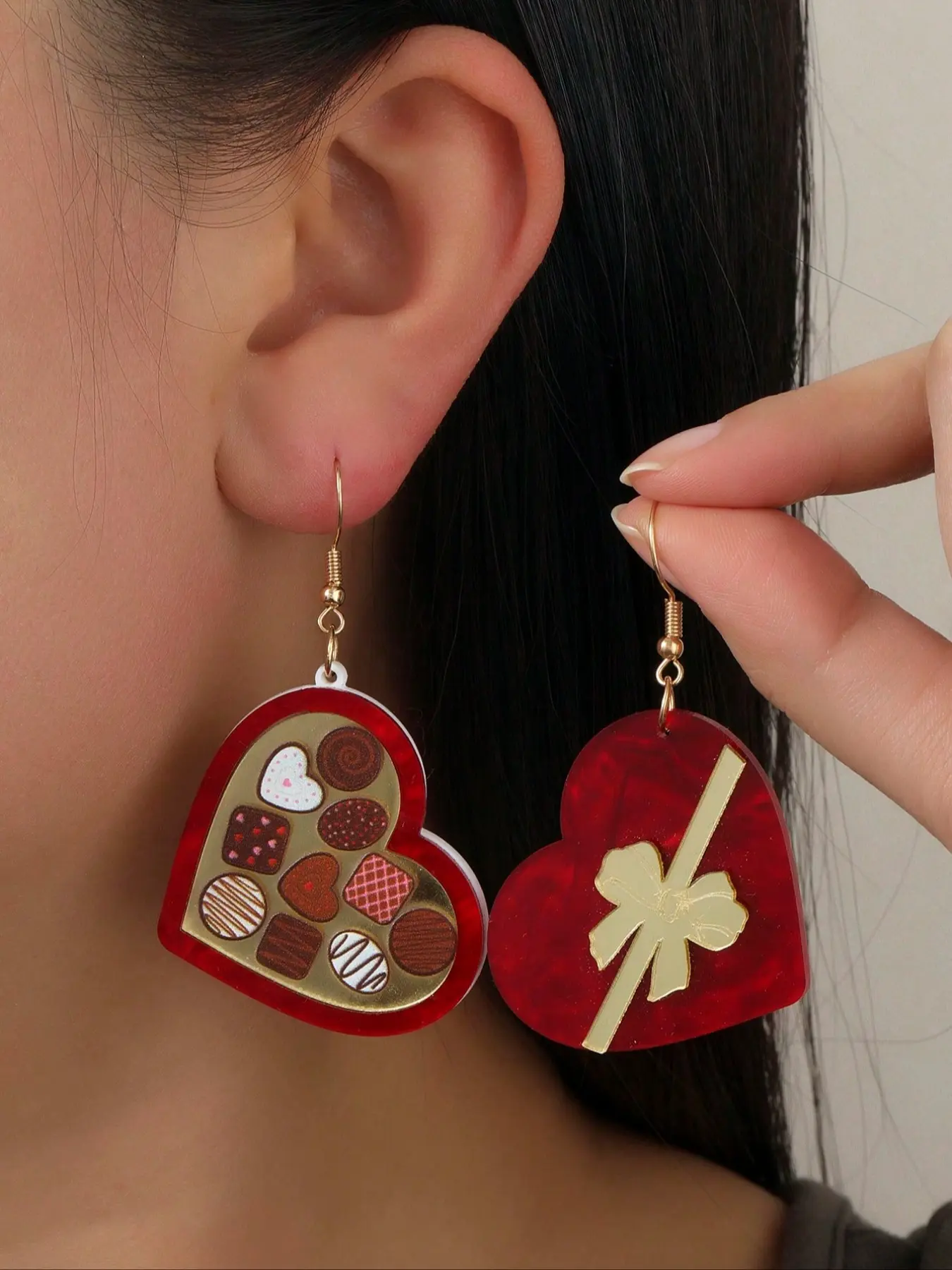 Cute Romantic Acrylic Burgundy Vintage Chocolate Gift Box, Bow Heart Shape Drop Earrings for Women Girls, Valentine's Day Jewelry Gifts