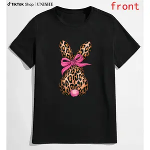 Adorable Leopard Print Easter Tee for Women – Pink Bow Bunny, Fun Spring Shirt