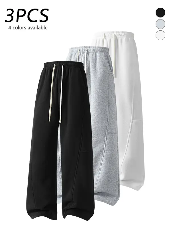 3-pack men’s straight-leg casual sweatpants with curved paneling, adjustable drawstring elastic waistband, comfortable skin-friendly fabric, loose wide street-style pants