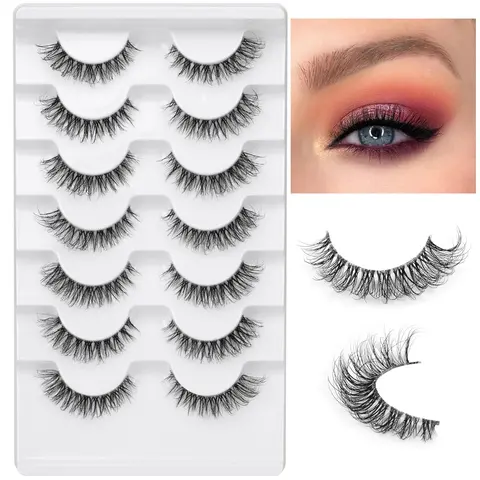 Fluffy Curling False Eyelashes, Fake Eyelashes, 7 Pairs Natural Wispy Cat Eye Faux Cluster Lashes, Volumized False Eyelashes for Eye Makeup Enhancement, Christmas Gift