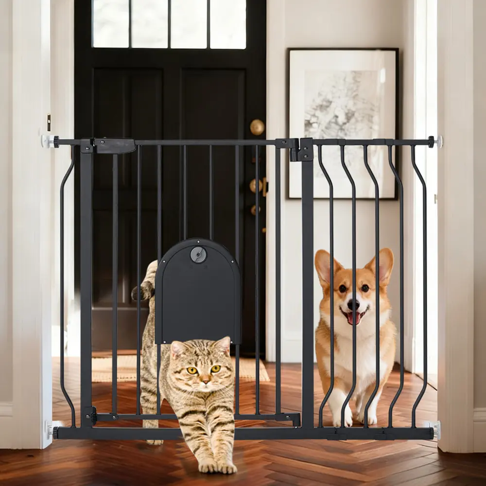 PAWGIANT 29.5-43.7" Pet Gate with Adjustable Cat Door,Extra Wide Metal Cat Gate for Stairs Doorways, Auto Close Dog Gate with Pet Door for House, Pressure Mounted Easy Walk Through, (30" Tall, Black), dealsforyou, summerwins, restock