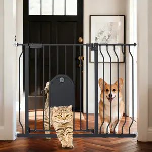 PAWGIANT 29.5-43.7" Pet Gate with Adjustable Cat Door,Extra Wide Metal Cat Gate for Stairs Doorways, Auto Close Dog Gate with Pet Door for House, Pressure Mounted Easy Walk Through, Baby gate (30" Tall, Black)
