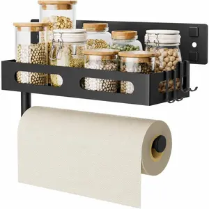 Towel Holder Wall Mount with Shelf, Easy One Hand Tear, Adhesive Glue or Drill Mount Hanging Paper Towel Holder with Shelf for Black Metal, 4 Hooks