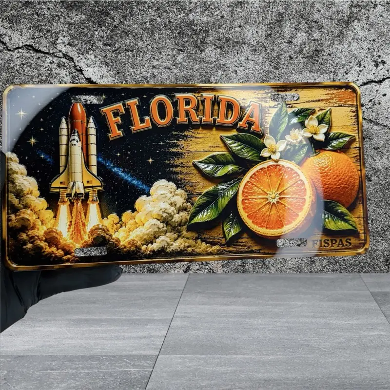 Personalized 12x6 in Florida Space Theme Car Exterior Number Plate, Featuring Rocket and Orange Design, Rocket/Orange