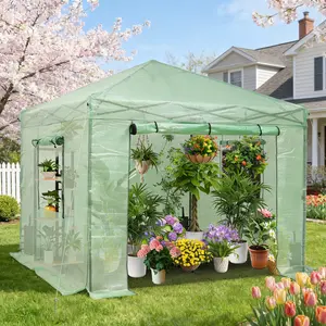 GDY Portable Walk-In Greenhouse with Roll-Up Zipper Door, PE Cover Greenhouses for Garden, Backyard