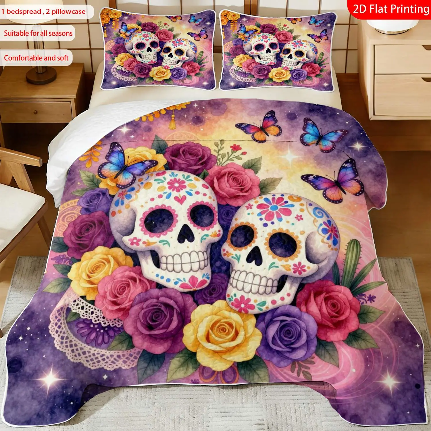 3pcs, 2D flat print Colorful Sugar Skull Pattern Quilted Bedspread Set multiple sizes available, bedding set, festive decorative bedding, ideal for bedroom décor(1 bedspread , 2 pillowcase)